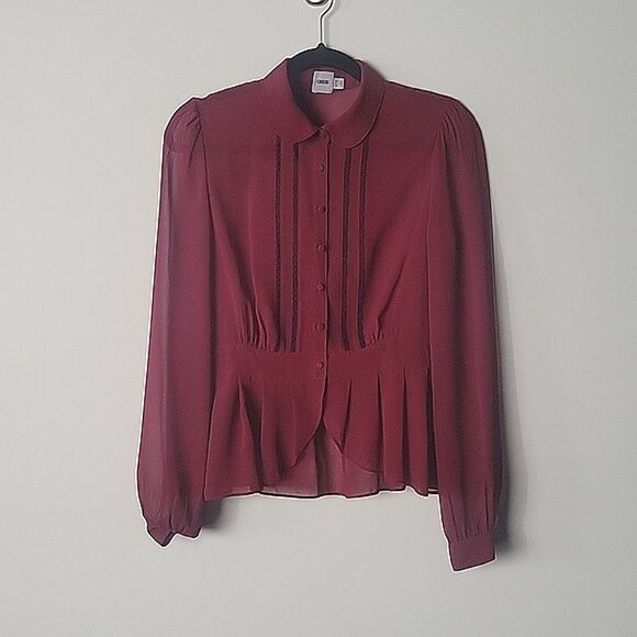 Lace Crochet Ruffle Ethereal Frill 40s 50s Victorian Maroon Top Blouse Sz S/M - Picture 1 of 11